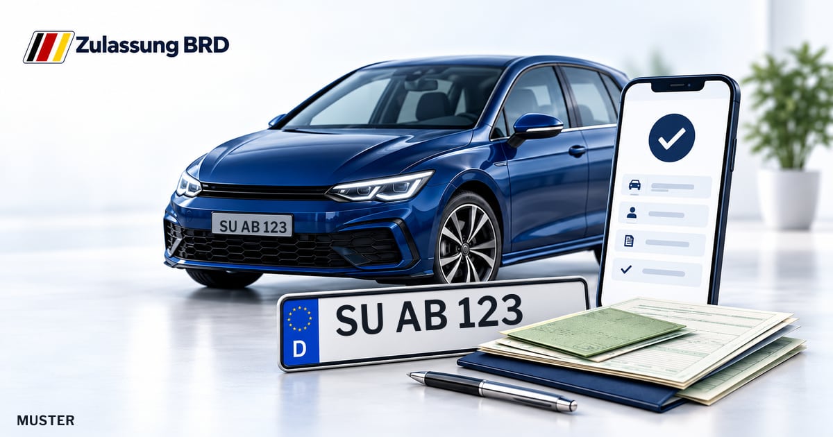 Online Fahrzeugzulassung in Wachtberg: Musterkennzeichen SU AB 123, Auto und Fahrzeugpapiere und Smartphone. Illustration mit Logo von Zulassung BRD.
